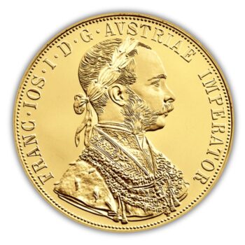 Złota moneta 4 Dukaty 1915 – klasyczny Czworak z wizerunkiem cesarza Franciszka Józefa I i herbem Habsburgów. Ponad 13,7 g czystego złota w eleganckim, historycznym wydaniu.